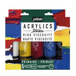 Pébéo Studio Acrylics Primary Set, 5 × 100 ml Acrylfarben, inkl. Farbkreis
